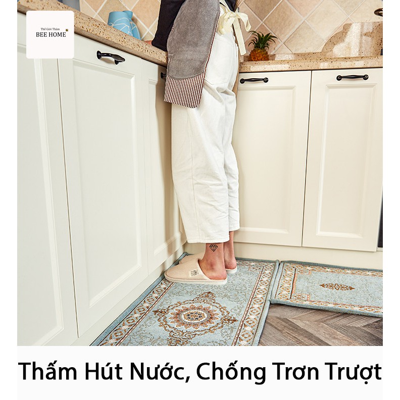 Thảm bếp trang trí trải sàn nhà cao cấp chống trượt Beehome họa tiết cổ điển len thêu thấm hút size 45x80 và 45x120cm