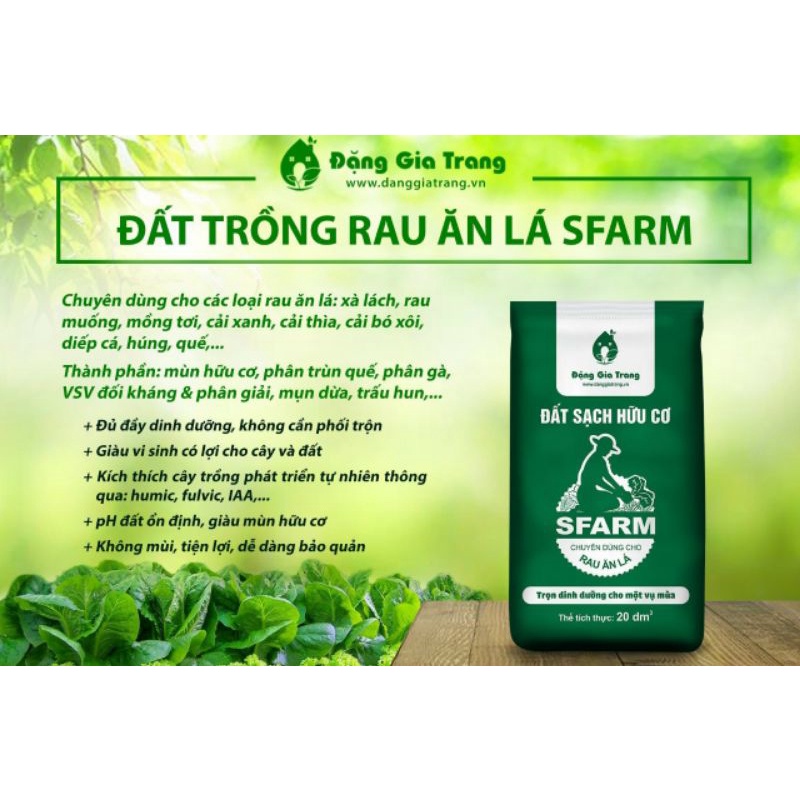 Đất Sfarm trồng rau ăn lá 20dm3, đất sạch hữu cơ Sfarm chuyên dùng cho rau ăn lá (khoảng 9-10kg)