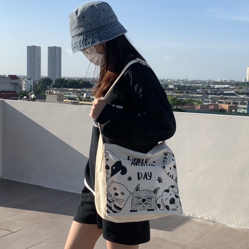Túi canvas đeo chéo họa tiết, túi bò sữa đi học, túi tote phong cách unisex trẻ trung năng động TUCANVAS TCV | BigBuy360 - bigbuy360.vn