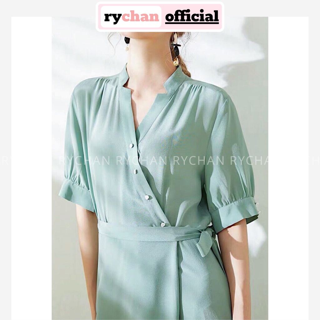 Đầm Xòe Midi Xanh Mint Nút Lệch Cổ Trụ Buộc Eo - DX518