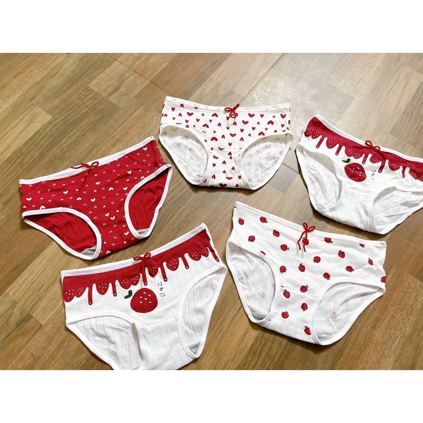 Quần lót cotton nữ hình quả dâu cạp nhúm dễ thương, quả dâu đỏ xinh xắn