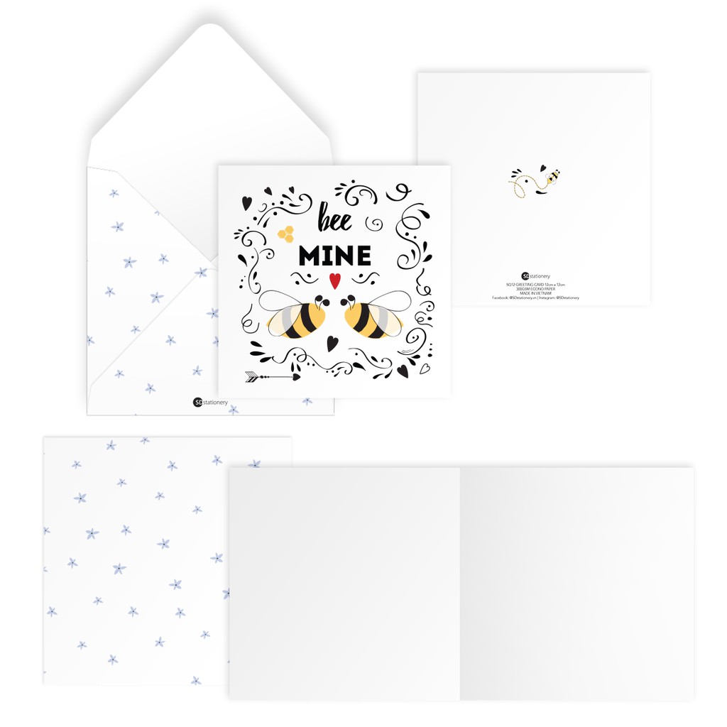 Thiệp tình yêu Valentine BEE MINE vuông 12cm SDstationery LET IT BEE