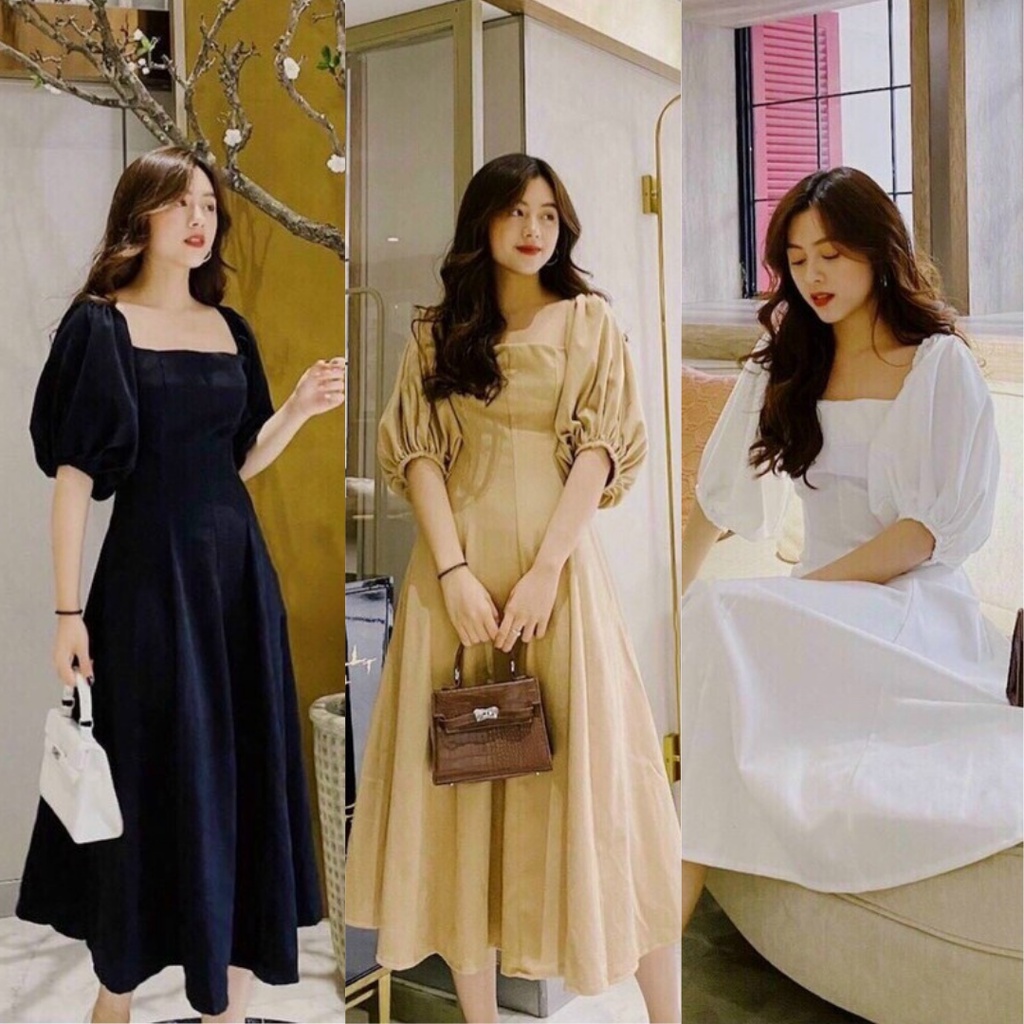 Đầm dự tiệc trắng đen nude, Đầm dáng xòe dài Cao Cấp cổ vuông tay lỡ phồng, nữ tính quyến rũ - MiNhi