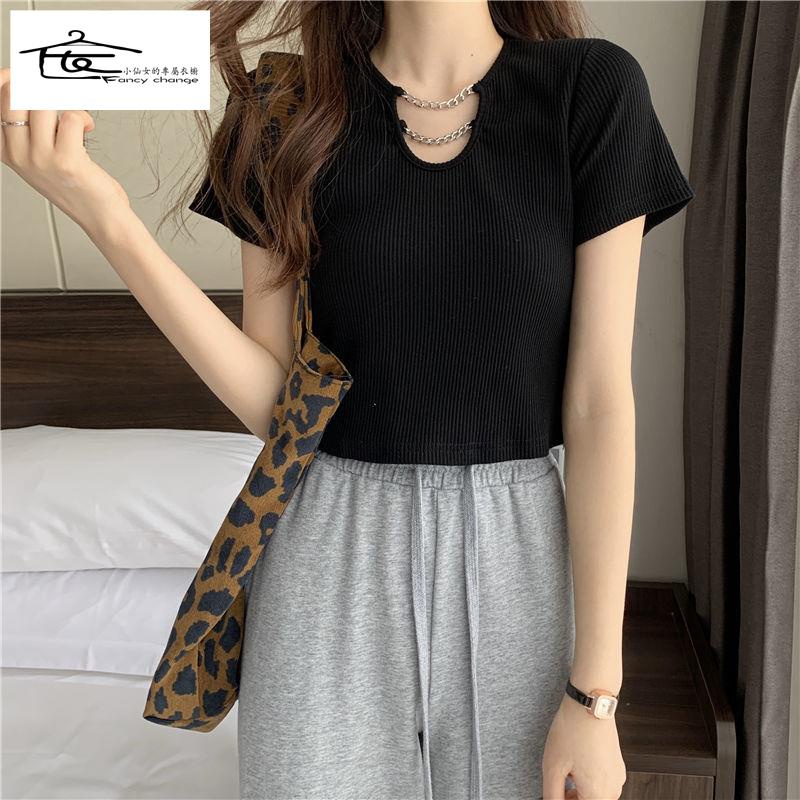 Đặc Biệt Offer ~ Áo Thun Ngắn Tay Phối Dây Xích Dáng Ôm Thời Trang Mùa Hè Dễ Phối Đồ