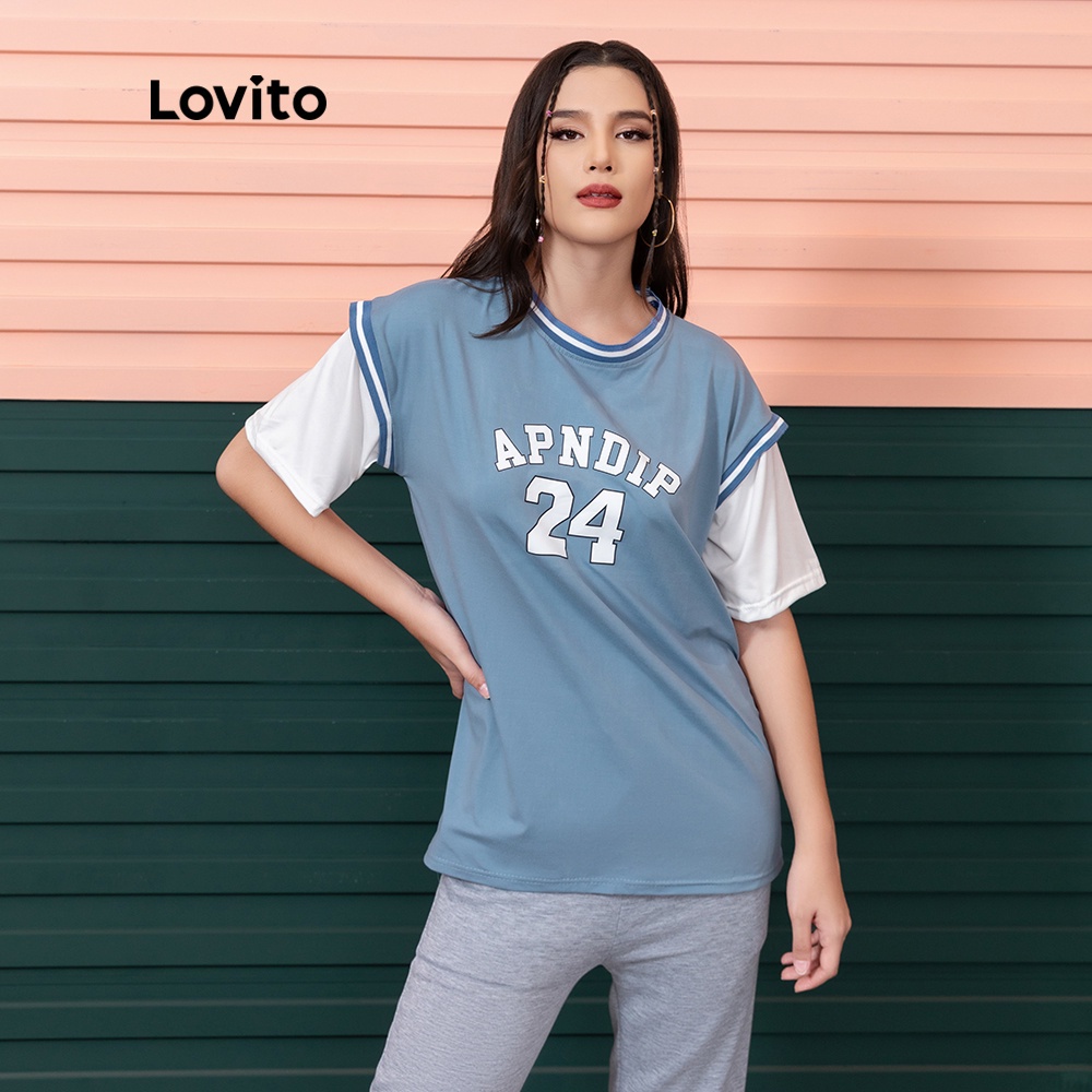 Áo Thun Lovito In Chữ Phong Cách Thể Thao 2 Trong 1 L06036 (Màu Xanh Dương)