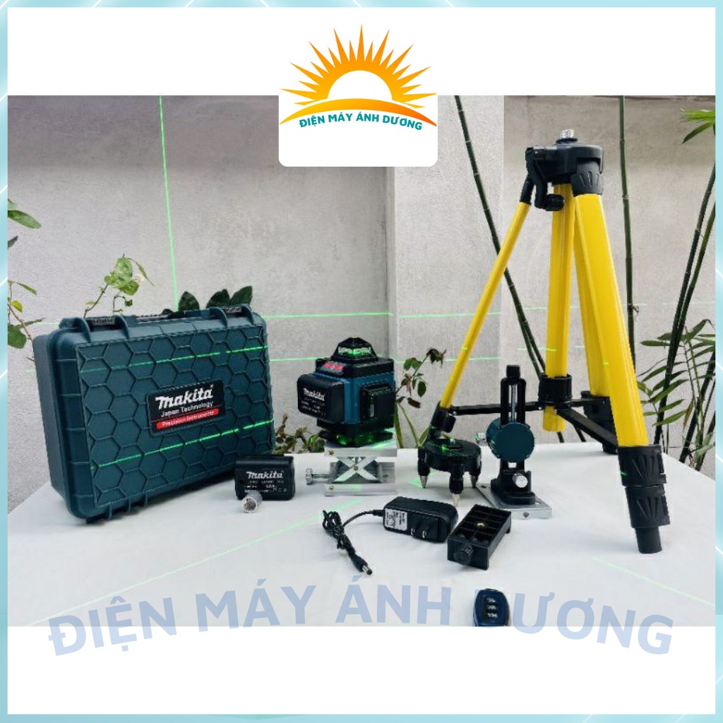 Máy cân mực 16 tia laser xanh MAKITA bắn cốt cân bằng nét chuẩn kèm chân 1m2 và giá treo tường