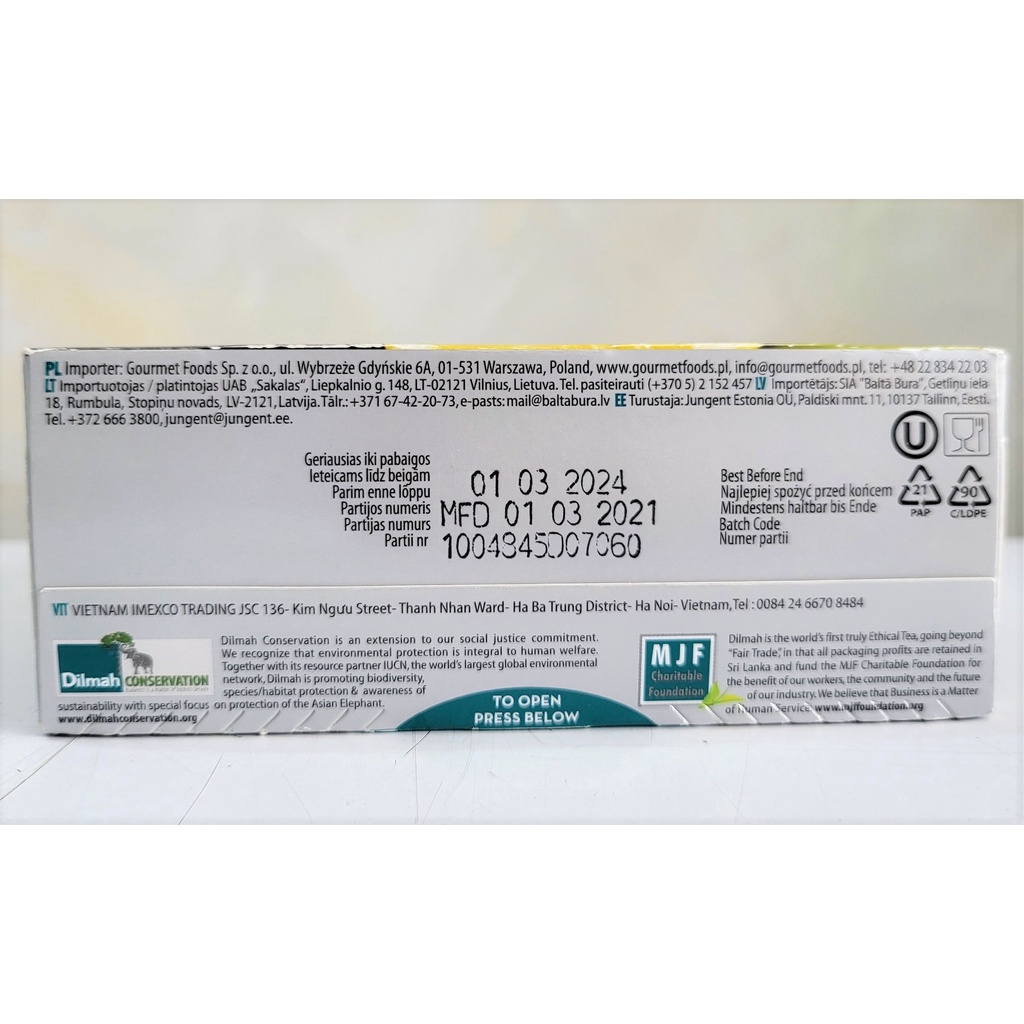 [Hộp 30g - LEMON] TRÀ ĐEN TÚI LỌC HƯƠNG CHANH [Sri Lanka] DILMAH Ceylon Black Tea