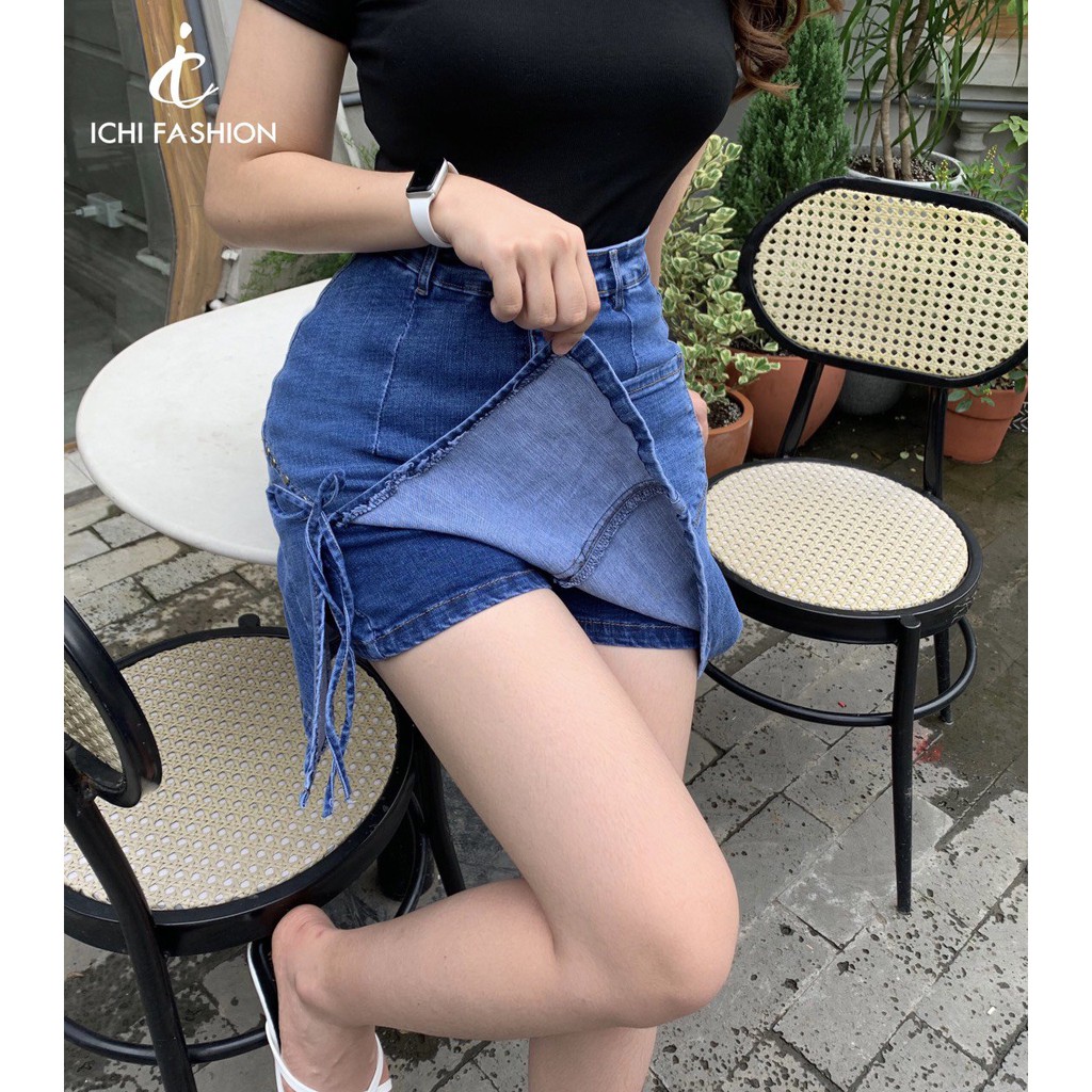 Chân váy Short Jean nữ xẻ tà cột nơ có quần trong