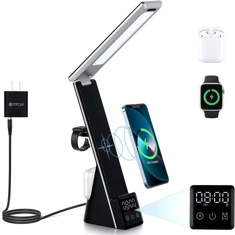 Đèn LED Để Bàn Đa Năng Tích Hợp Đồng Hồ Báo Thức 15W 5 Trong 1 Sạc Nhanh Không Dây Dành Cho Điện Thoại Di Động