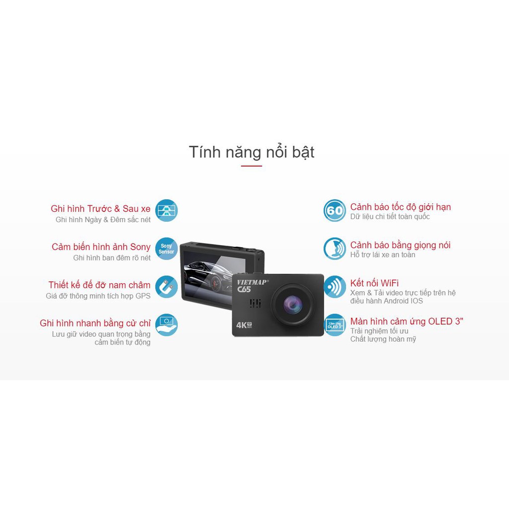 Camera hành trình Vietmap C65 (Tặng thẻ 128gb)Ghi hình trước sau Ultra 4K - Có Wifi - GPS - Cảm ứng