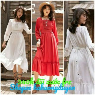 SẴN ĐỎ Váy maxi bo ho đỏ đô thô đũi quảng châ ảnh thật