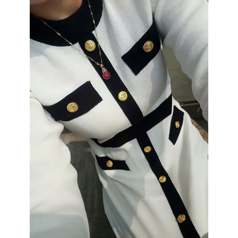 Váy len cúc body viền trắng đen