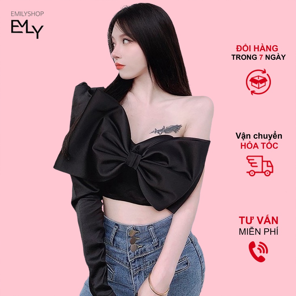 Áo kiểu nữ lệch tay họa tiết nơ ulzzang