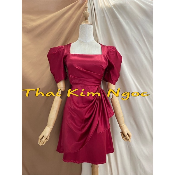 Đầm dự tiệc cổ vuông tay phồng phi xếp li đắp tà | BigBuy360 - bigbuy360.vn