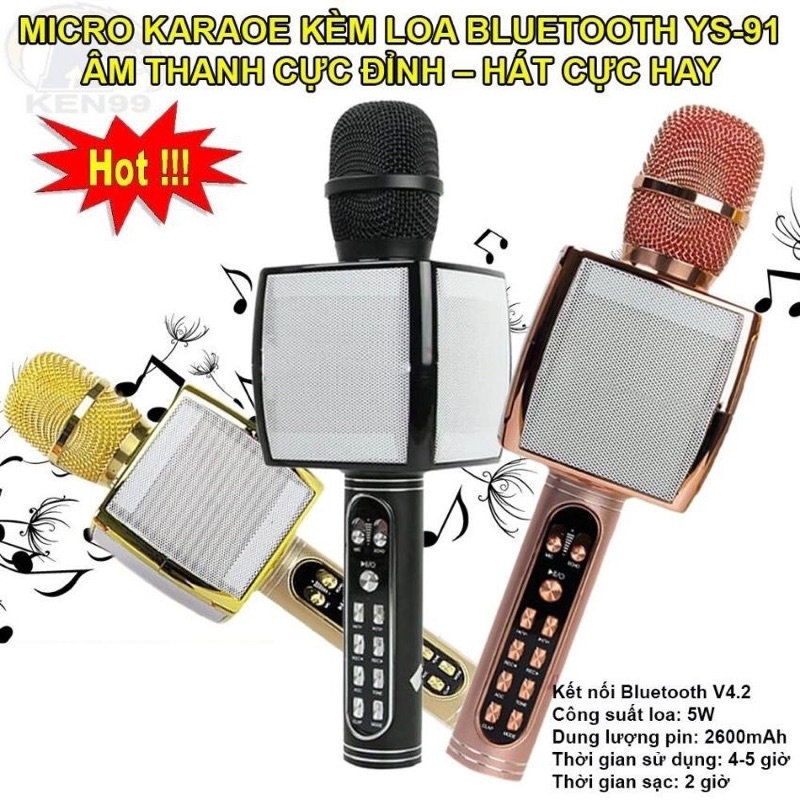 Micro karaoke bluetooth YS 91 - micro không dây - siêu phẩm mic bluetooth karaoke hỗ trợ ghi âm - BH 3 tháng