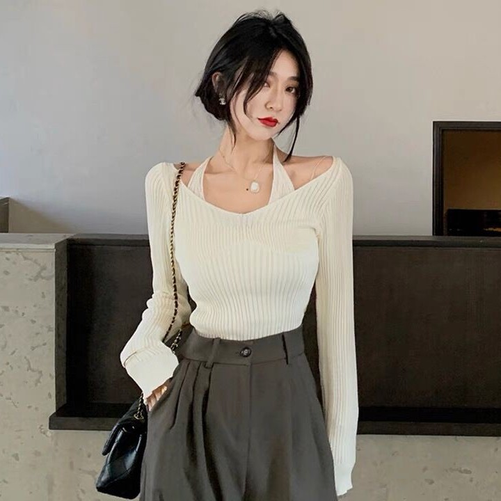  【Guimi】Áo sweater trễ vai tay dài dáng ôm gợi cảm thời trang dành cho bạn nữ