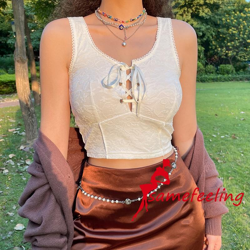 Áo croptop sát nách cổ chữ U phối ren màu sắc thời trang mùa hè cho nữ