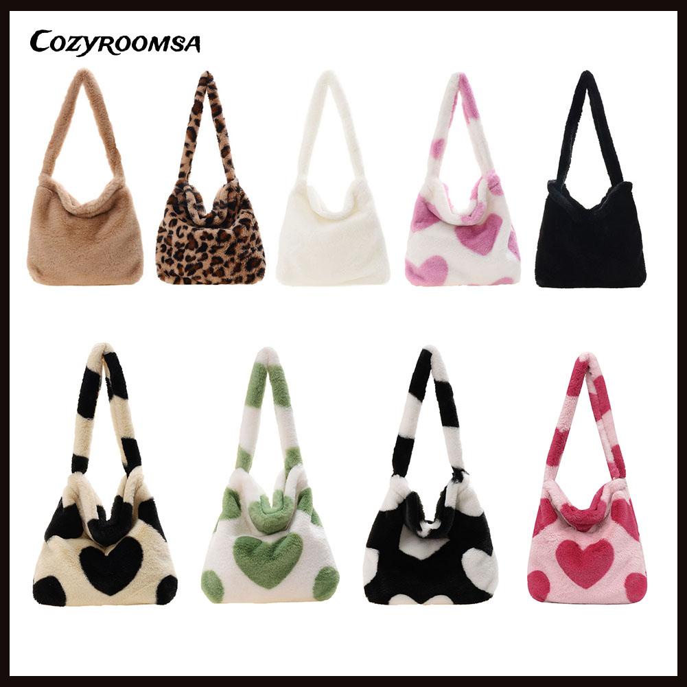 Túi xách tích hợp túi đeo vai phủ vải lông họa tiết da báo / trái tim thời trang thu đông cho nữ