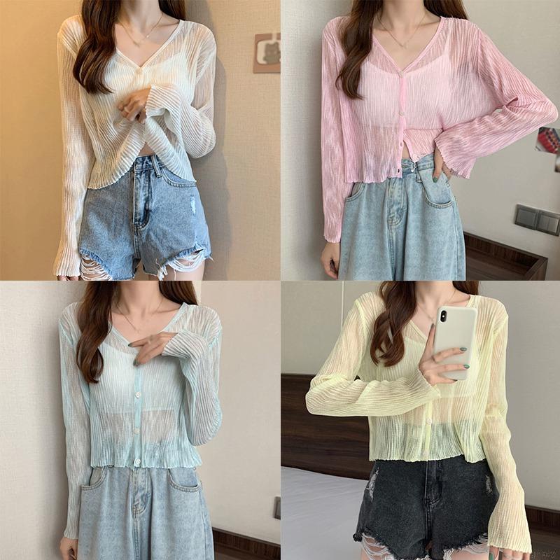 Áo Cardigan Dệt Kim Tay Dài Cổ Chữ V Màu Sắc Đơn Giản Phong Cách Hàn Quốc Thời Trang Mùa Hè Cho Nữ