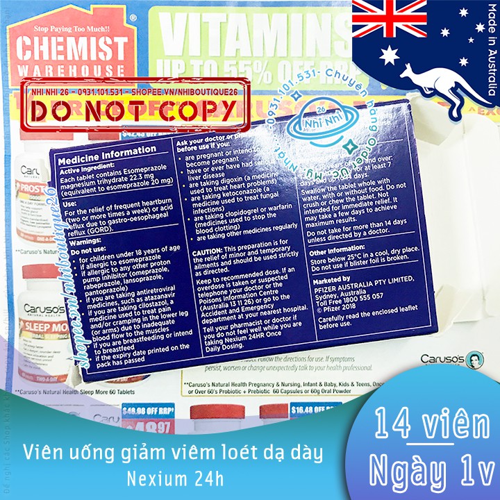 ♻️ CÓ BILL ÚC ♻️ Viên uống hỗ trợ dạ dày, trào ngược Nexium 24hr ♻️ 14 viên ♻️ Chuẩn Chemist Warehouse ♻️