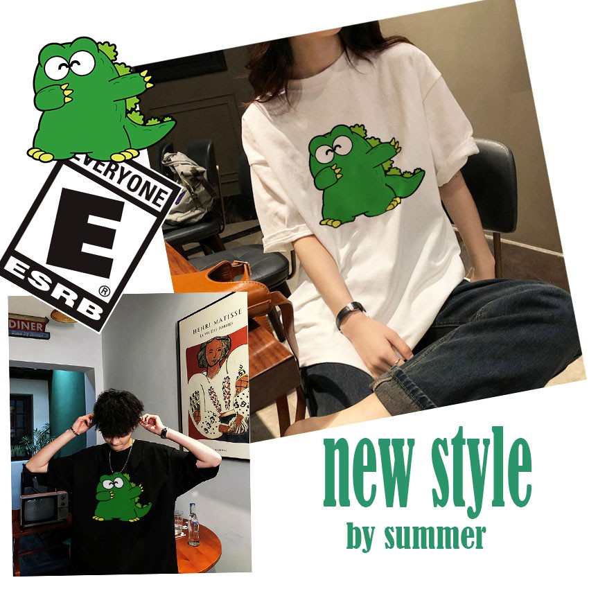 Áo thun nam nữ tay lỡ Khủng Long Siêu Lầy dáng unisex cotton Hàn Quốc, áo phông trắng đen basic nam nữ streetwear | BigBuy360 - bigbuy360.vn