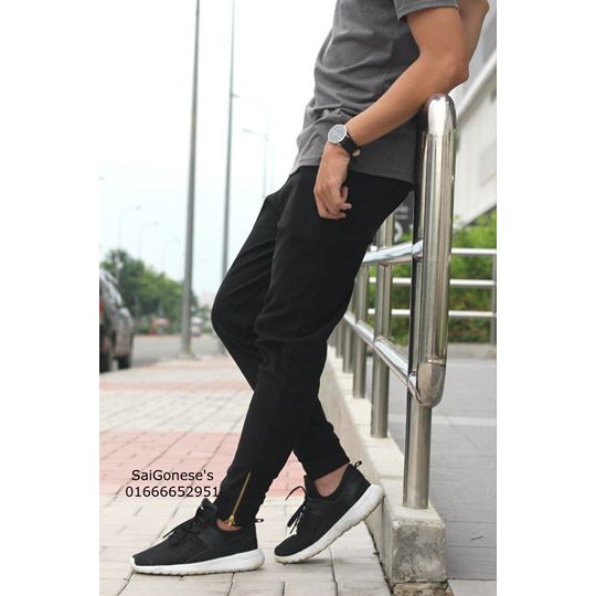 Quần Jogger Kaki Nam Nữ Zipper Trơn Đen Unisex