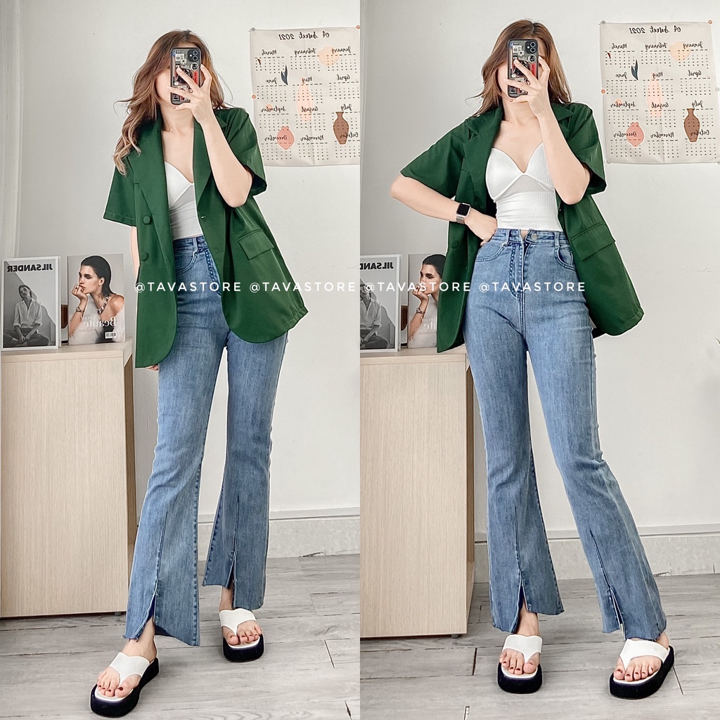 Quần jean loe xẻ xanh