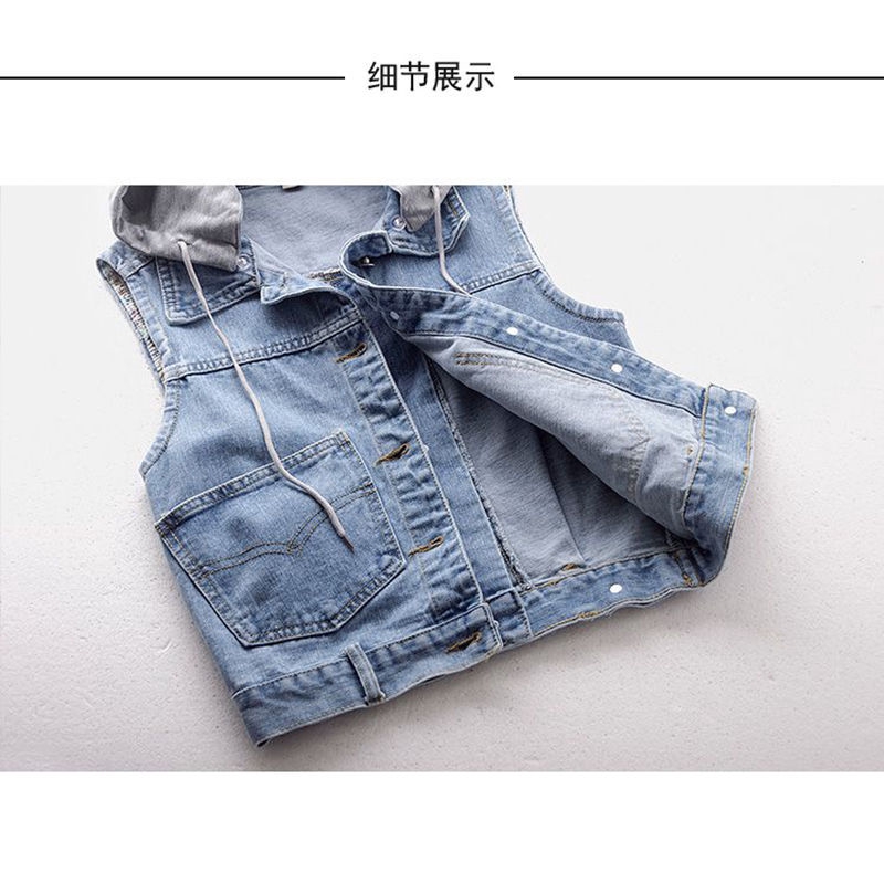 Áo khoác jean denim sát nách ngắn có nón mỏng dáng rộng đa năng thời trang xuân thu mới cho nữ 5XL | BigBuy360 - bigbuy360.vn