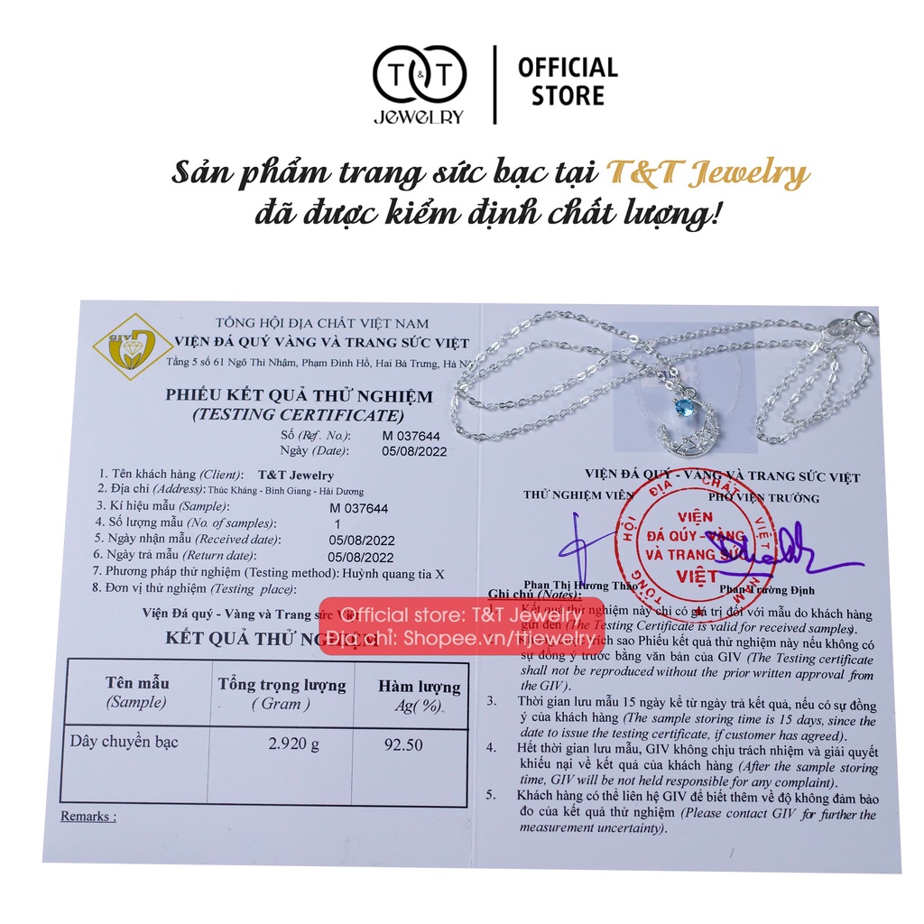 Dây chuyền nữ Trăng Khuyết Đá Xanh Bạc Ý s925 T&amp;T Jewelry cao cấp DC011