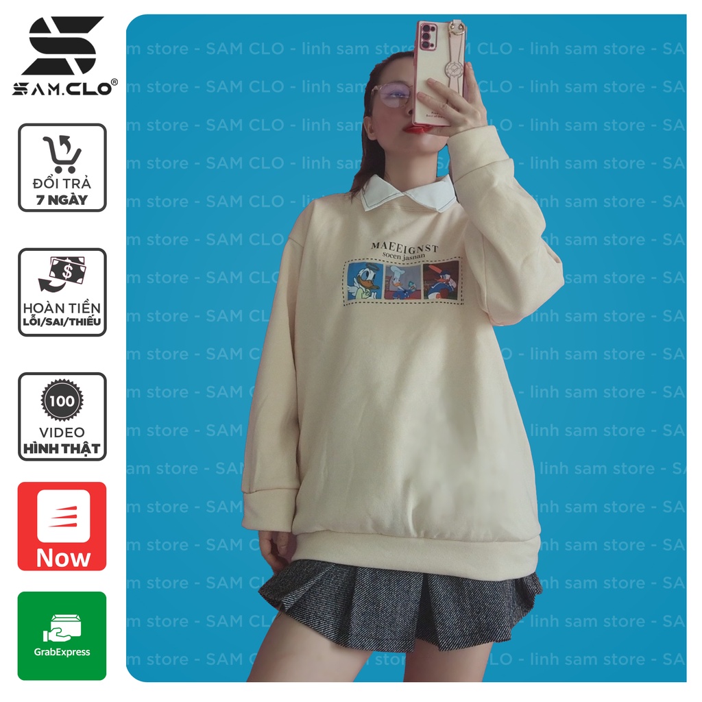 Áo SWEATER nữ SAM CLO hoodie không mũ NỈ 1 LỚP tay dài thu đông freesize dáng unisex in hình vịt donal chữ MAEEIGNST