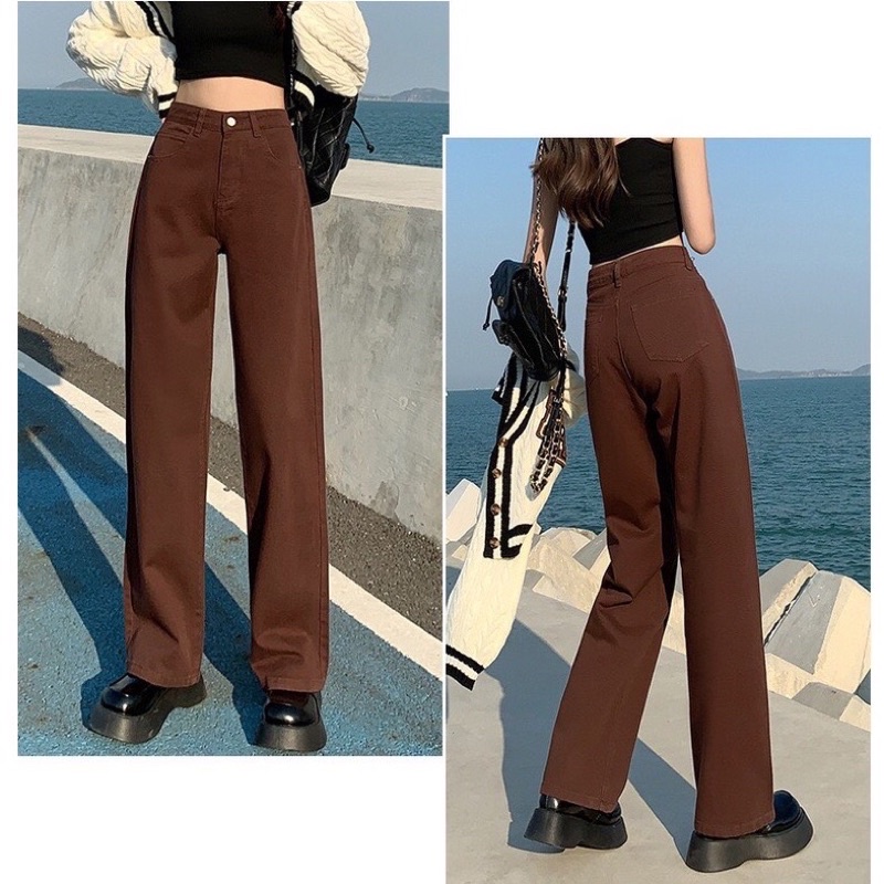 Quần jean bò kaki ống rộng suông xuông nữ jeans cạp cao phong cách Hàn Quốc