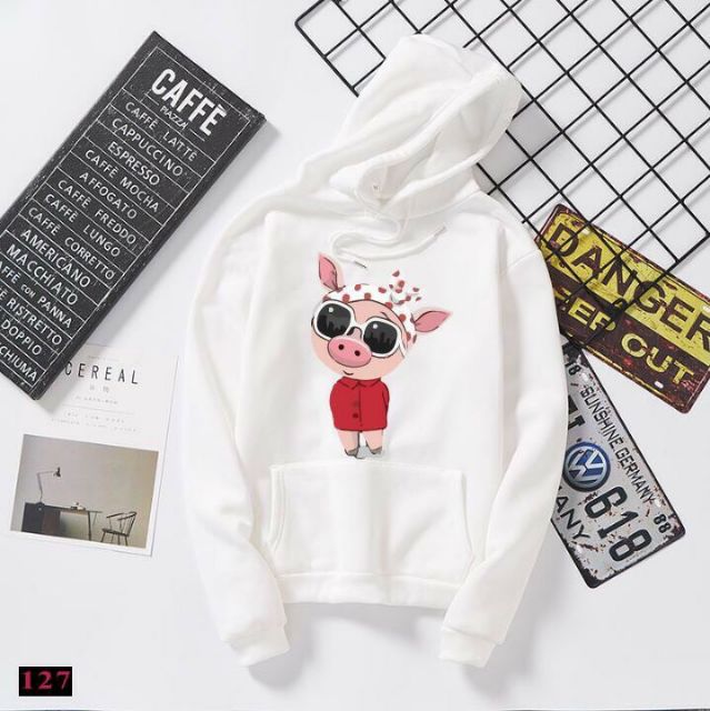 Áo Hoodie Unisex Nỉ Ngoại Hàng Cao Cấp Nón 2 Lớp In Hình Heo Kính Đen Nơ Đẹp Độc Xinh Xỉu