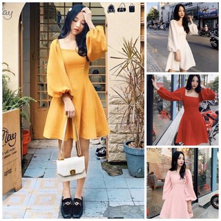 Đầm váy freesize cổ U tay dài phồng 5 màu