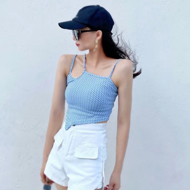 Áo Croptop Dệt Kim Hai Dây Hở Lưng Họa Tiết Sọc Caro Thiết Kế Không Đồng Đều Quyến Rũ Thời Trang Cho Nữ