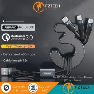 Cáp sạc 3 đầu chính hãng remax rc-070th fztech dây sạc 3 đầu type c, lightning, micro đa năng 3 trong 1 hỗ trợ sạc nhanh