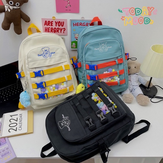 [TẶNG MÓC KHÓA]  Balo Ulzzang Gấu 2 Màu Chống Thấm Nước, đi học, đi chơi, Màu sắc nổi bật, dễ thương (Hàng Taobao Có Sẵn