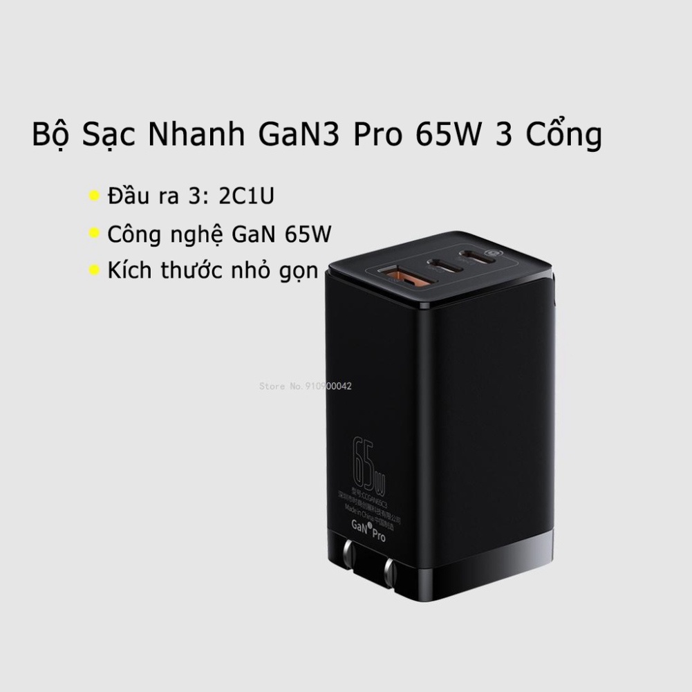 Bộ sạc nhanh Baseus GaN3 Pro 65W Quick Charge 4.0 3.0 PD Nhanh Chaging Cho iPhone điện thoại, máy tính - 12 tháng BH