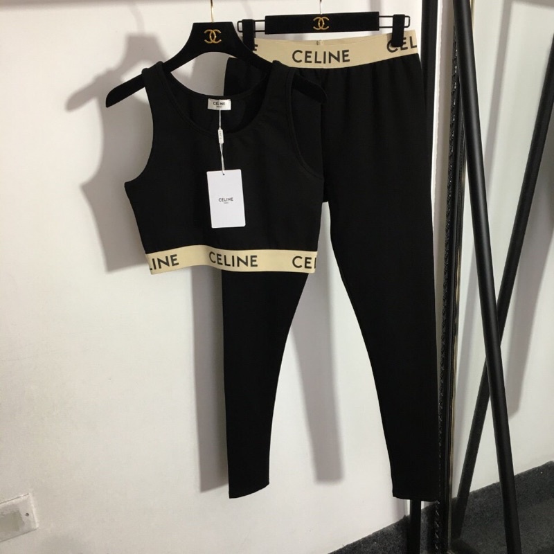 Bộ đồ tập yoga nữ gồm áo ba lỗ viền bo và quần legging thương hiệu Celine mẫu mới cao cấp