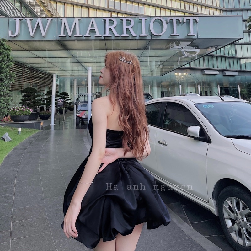 đầm cúp ngực xoè bồng dự tiệc sang trọng chất phi mờ hàng cao cấp màu trắng đen