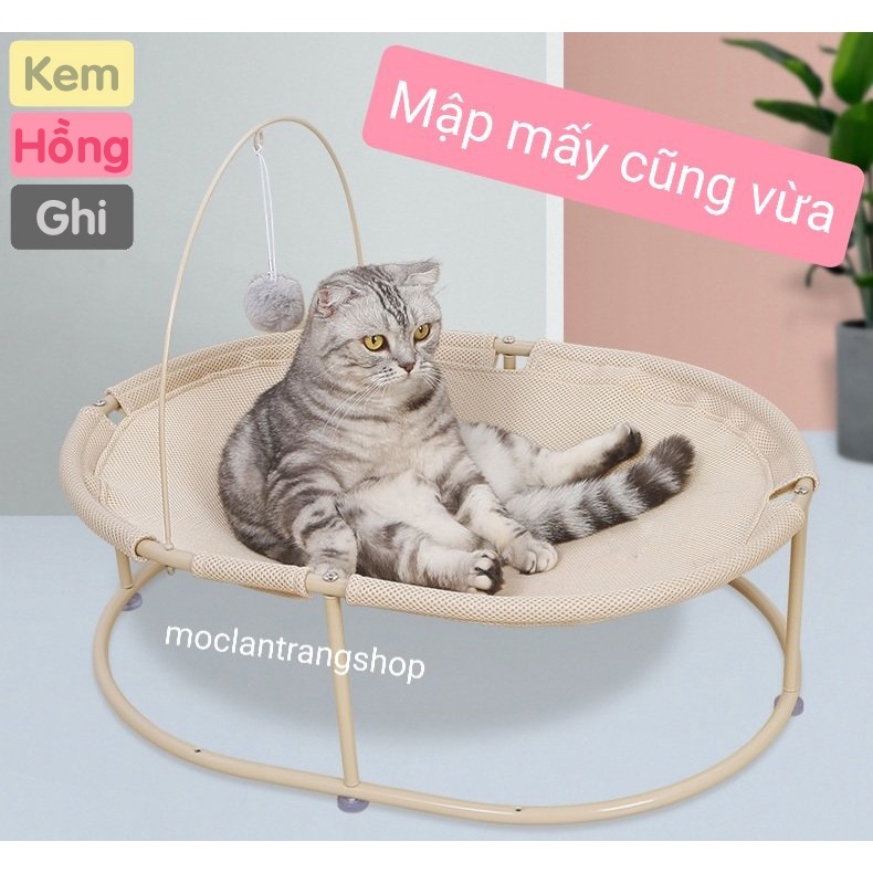 Giường đệm võng cho mèo hình Oval dài 63cm kèm quả bông treo. Ổ mèo ổ chó khung sắt cỡ lớn, chõng nằm ngủ cho mèo tây to