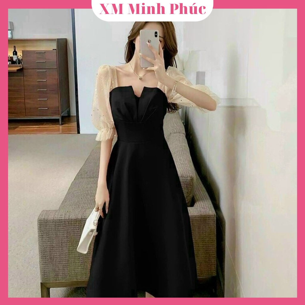 Đầm Xòe Dự Tiệc Dạo Phố Thiết Kế Cổ Vuông Tay Phối Lưới Chấm Bi Sang Chảnh Xinh Sắn Thời Trang Váy Nữ Xm Minh Phúc