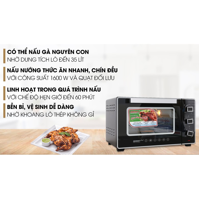 Lò nướng điện đa năng Sanaky VH3599S2D 35 lít chính hãng trưng bày-Công suất 1600 W, tùy chỉnh nhiệt 100 – 230 độ C