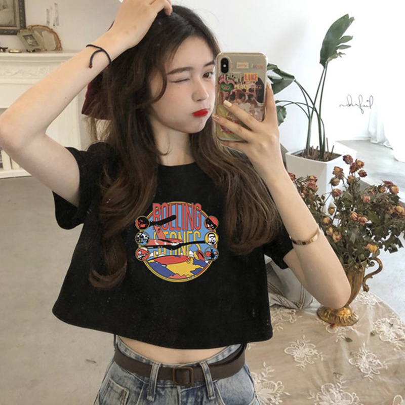 Áo Thun Cotton Ngắn Tay Lưng Cao In Họa Tiết Thời Trang Mùa Hè Cho Nữ