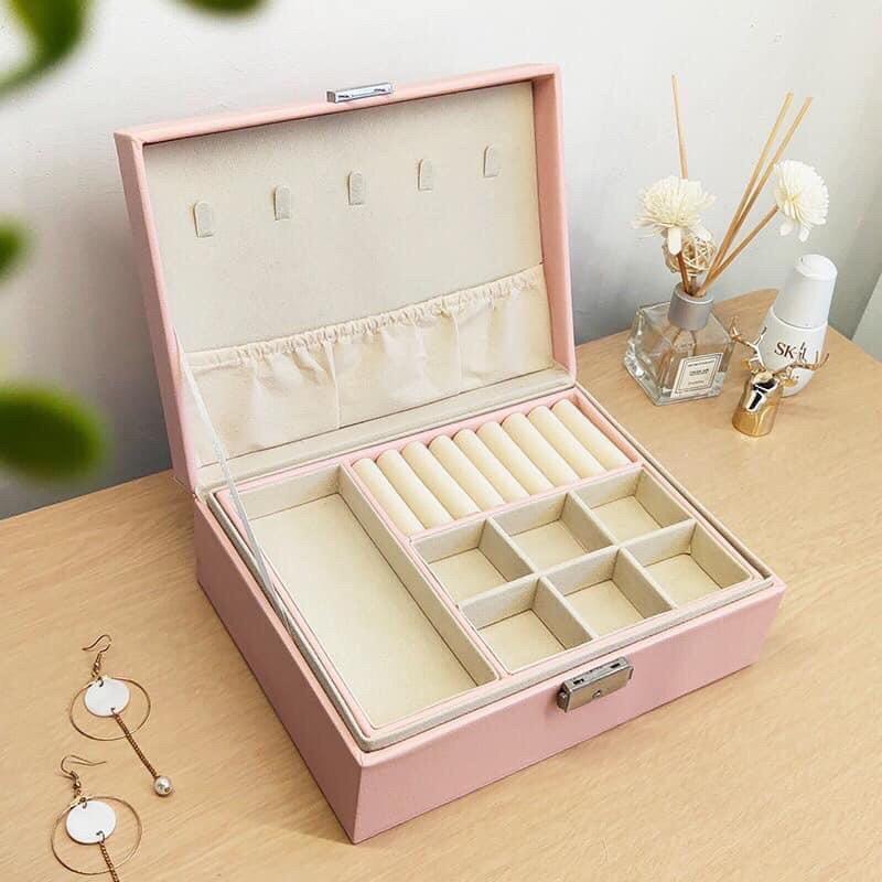 (CAO CẤP) Hộp đựng trang sức bọc da hai tầng có khóa - hộp đựng nữ trang cao cấp Giá Rẻ