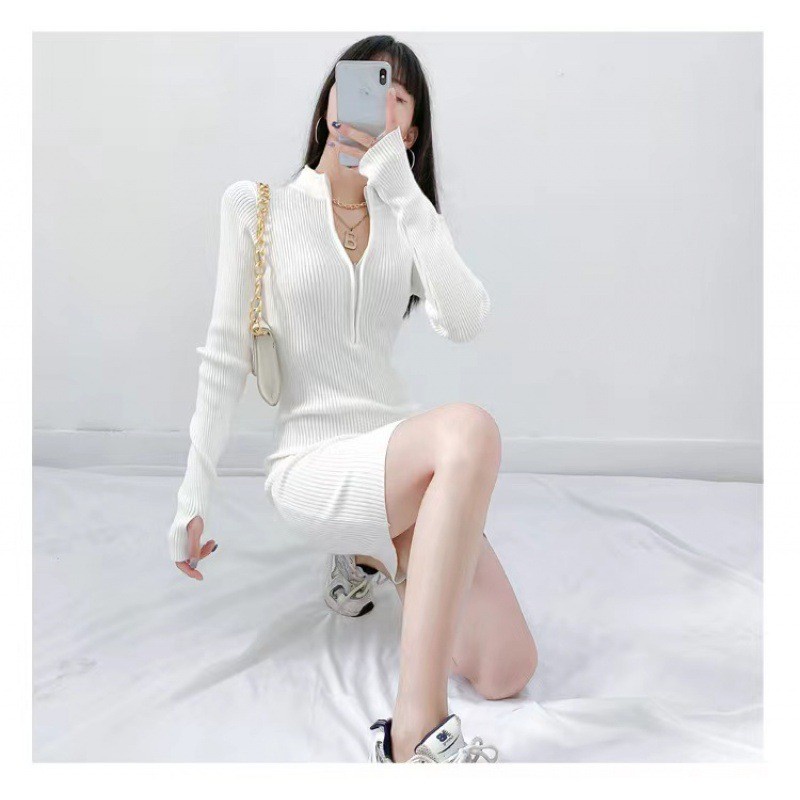 MS447 Váy len body cổ trụ khoá kéo