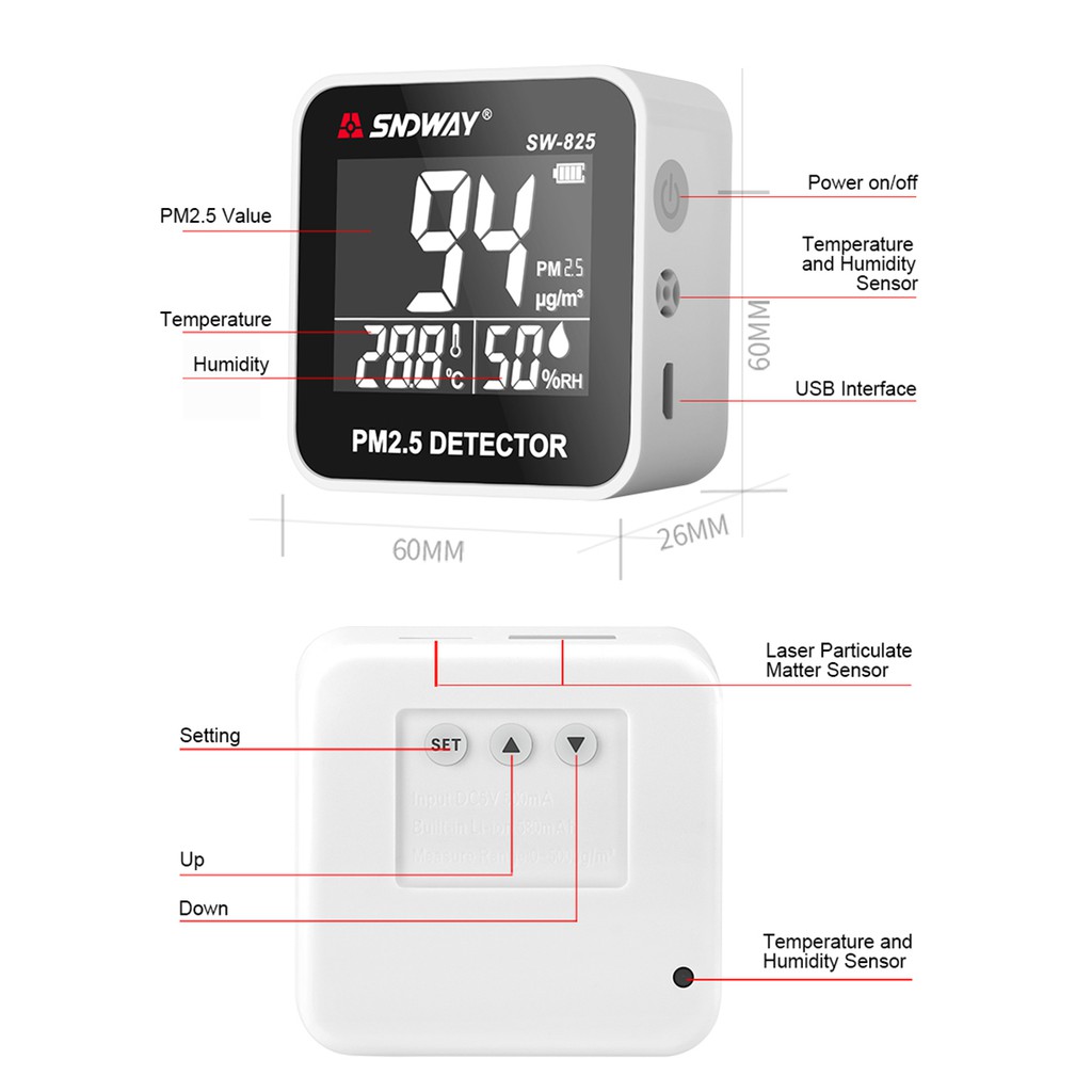 Máy Đo Chất Lượng Không Khí PM2.5, Nhiệt Độ, Độ Ẩm SNDWAY SW-825