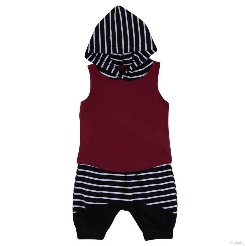 MyBaby Fashion Summer high quality Striped Hooded Sleeveless 2PCS Set