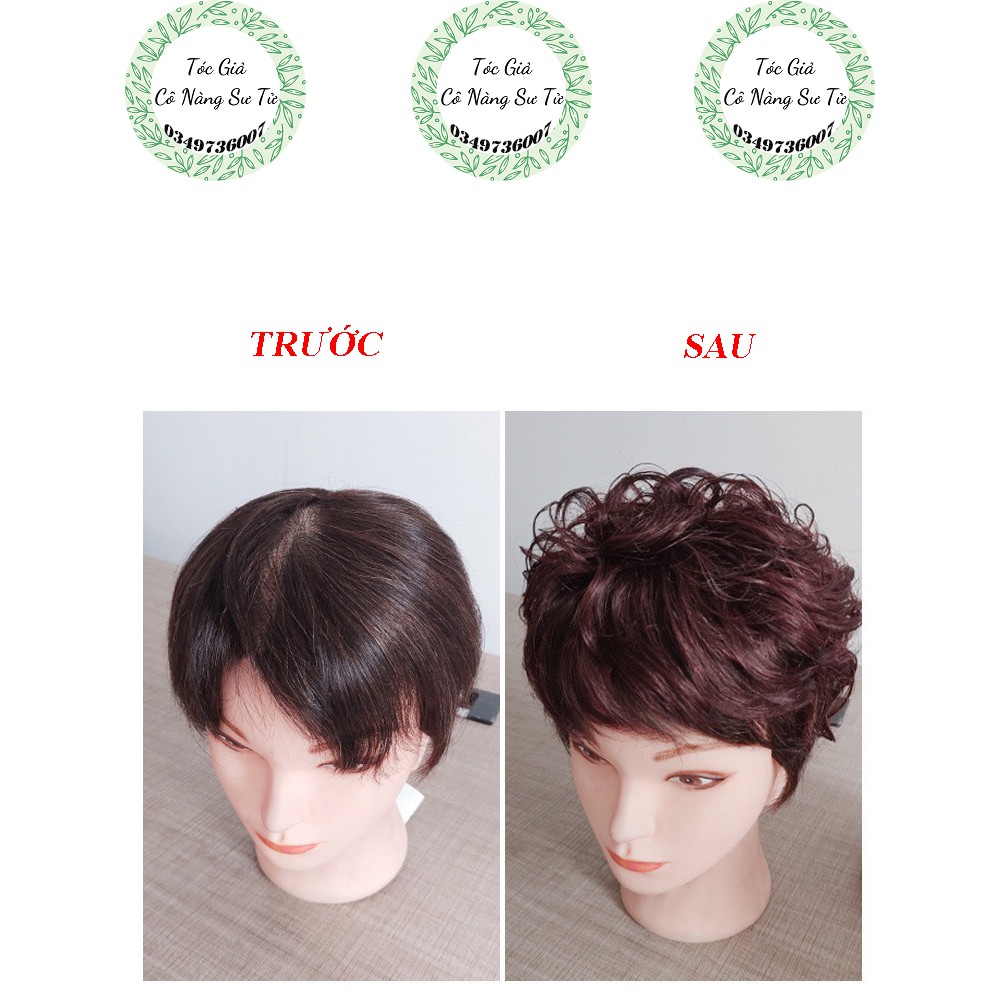 Tóc giả trung niên che hói phủ bạc ngắn xoăn - Tóc thật