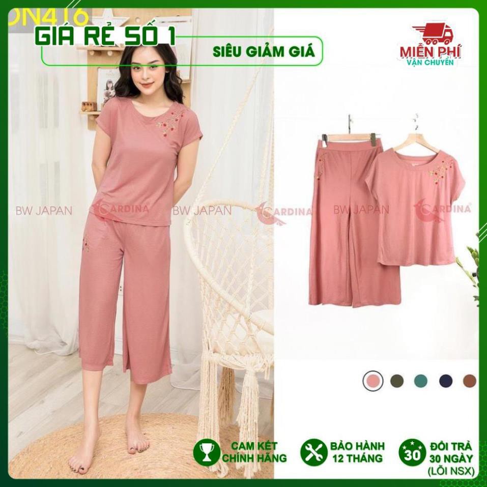 Đồ Bộ mặc nhà, bộ Đũi Lụa Lửng Cao Cấp Thêu Hoa chính hãng CARDINA, vải mềm mát mịn