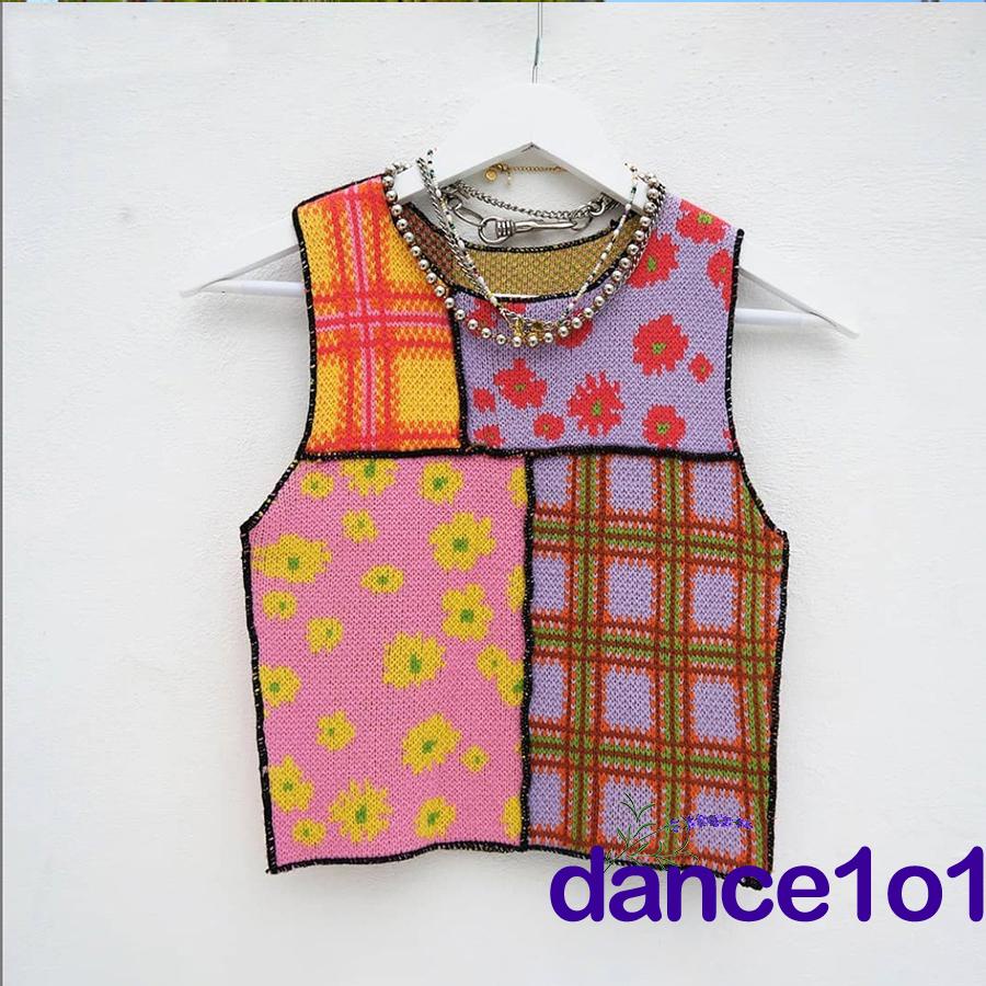 Áo dệt kim cổ tròn hở rốn màu sắc tương phản in họa tiết hoa thời trang cho nữ